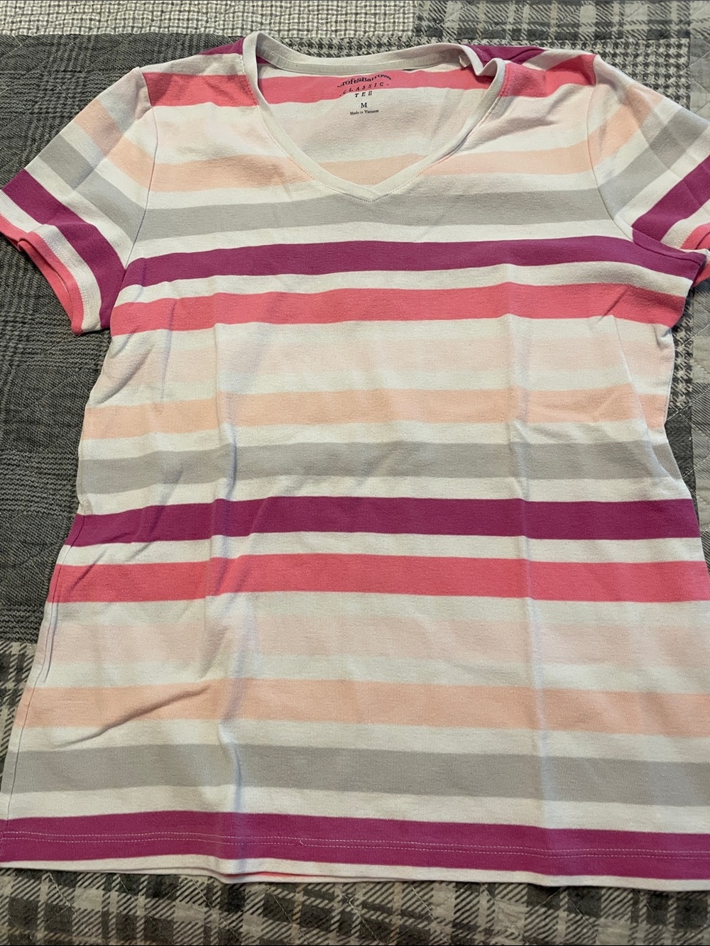 croft & barrow Pink, Magenta and Gray Striped V-Neck Tee